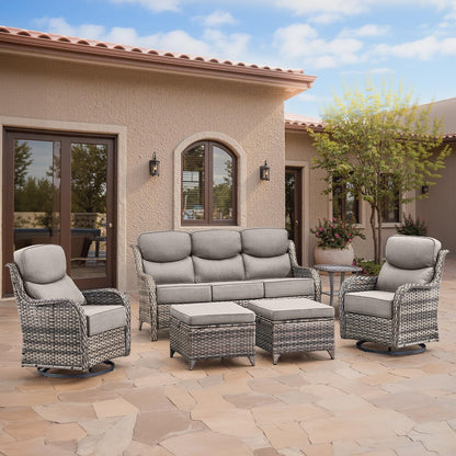 Luxury Patio Furniture Set with 6-inch Thick Cushion, Outdoor Furniture with Fire Pit Table, Swivel Chairs, Sofa, Side Table, Ottomans, 9pcs Wicker Conversation Set(Brown Wicker | Grey Cushion)
