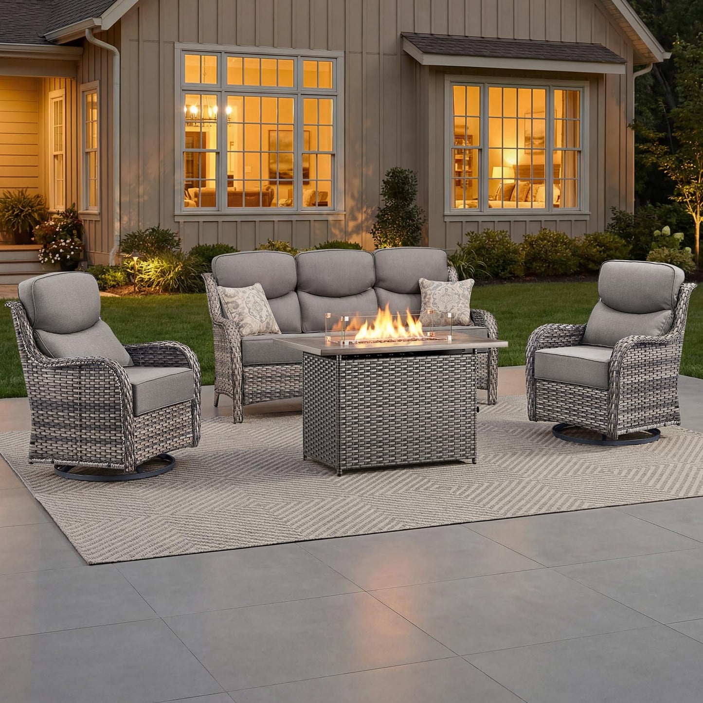 Luxury Patio Furniture Set with 6-inch Thick Cushion, Outdoor Furniture with Fire Pit Table, Swivel Chairs, Sofa, Side Table, Ottomans, 9pcs Wicker Conversation Set(Brown Wicker | Grey Cushion)