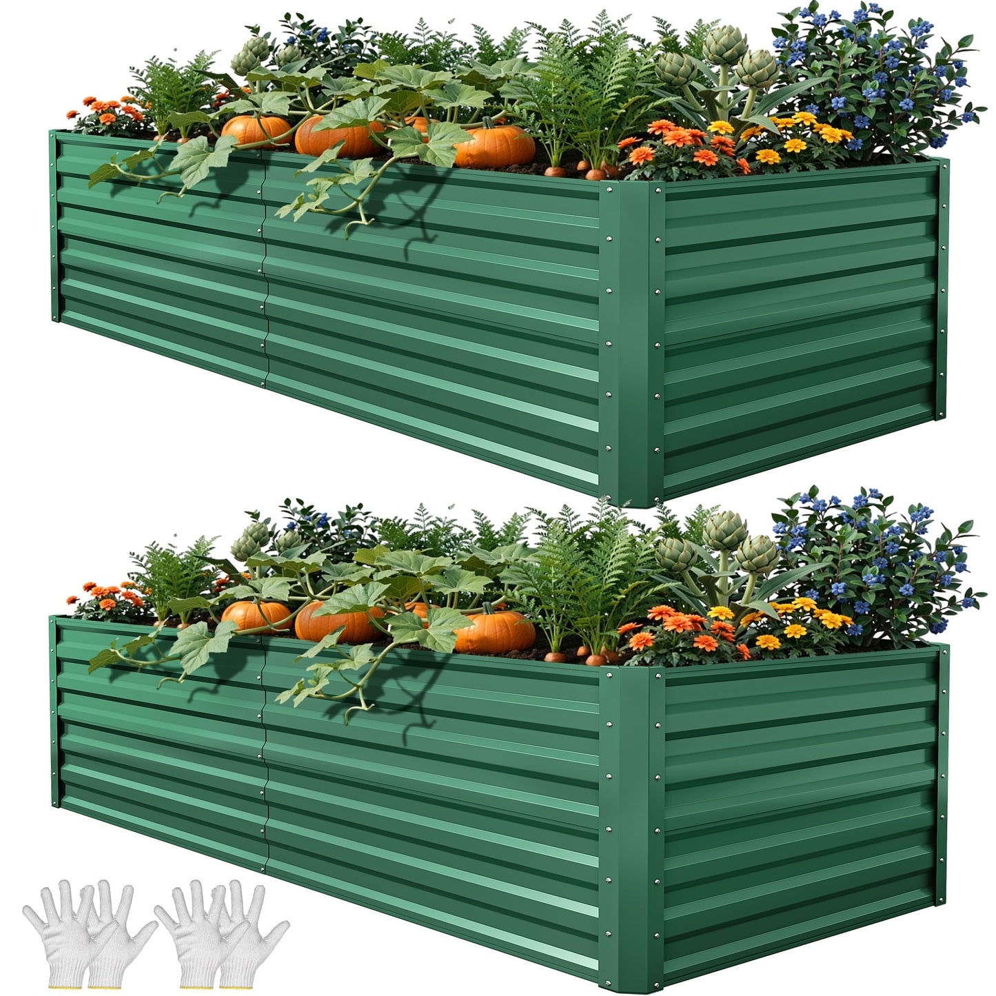 YITAHOME 8x4x1.5ft 2pcs Large Raised Garden Bed Kit, Galvanized Metal Planter Box with Gloves, Outdoor Above Ground Planters for Plants Vegetables Flowers, Silver