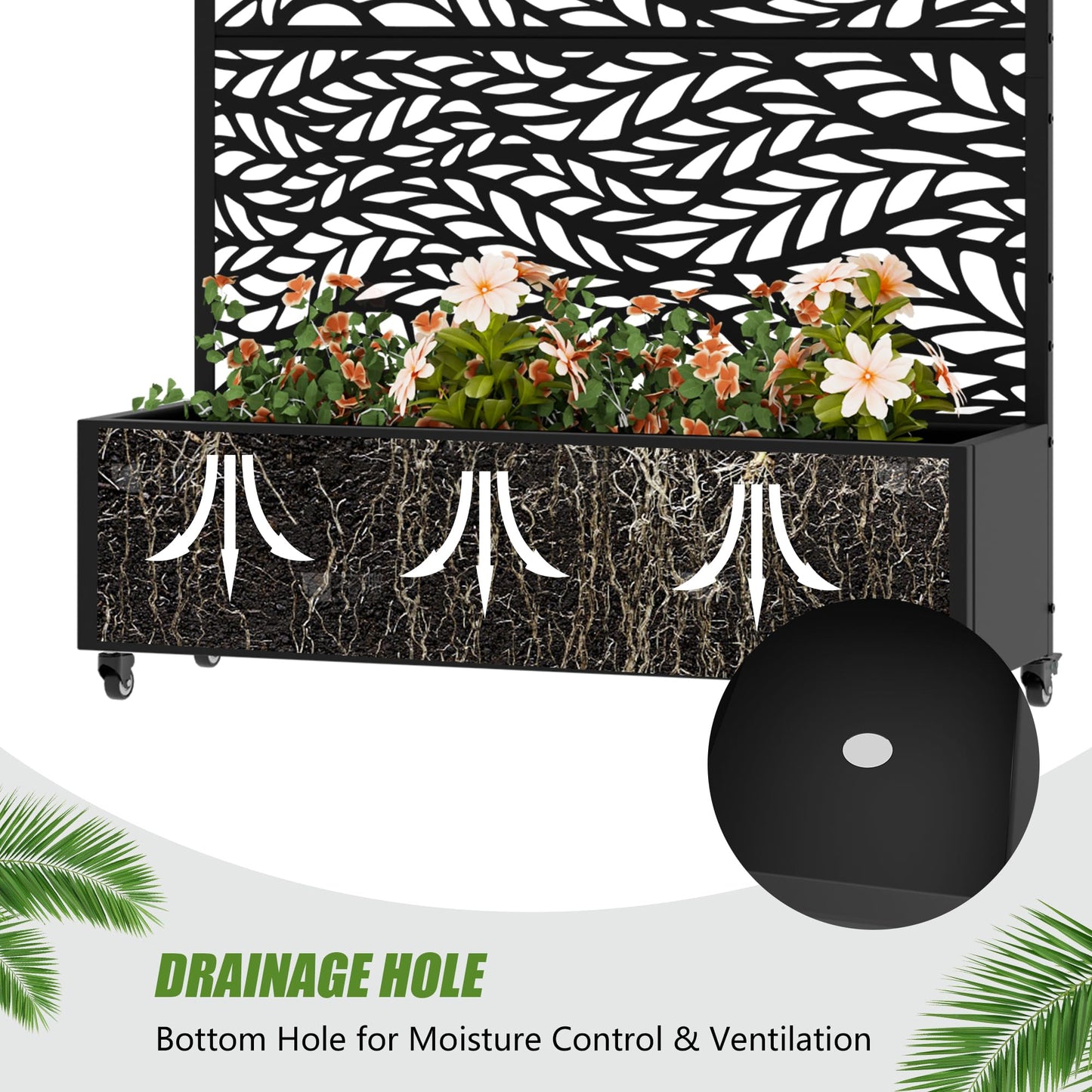 72" H Metal Raised Garden Bed with Trellis and Wheels, Privacy Screen Outdoor Planter Box with Decor Leaf Pattern, Large Mobile Vertical Planter for Patio, Balcony & Backyard