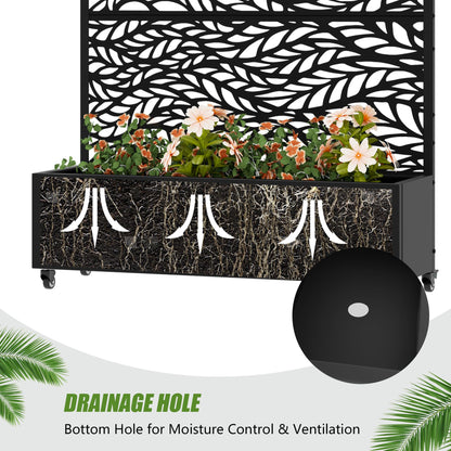 72" H Metal Raised Garden Bed with Trellis and Wheels, Privacy Screen Outdoor Planter Box with Decor Leaf Pattern, Large Mobile Vertical Planter for Patio, Balcony & Backyard