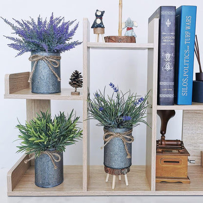 Set of 3 Small Potted Plants Arrangement Artificial Lavender and Grass Plants in Rustic Galvanized Metal Pots with Decorative Wood Tray for Farmhouse Table Centerpiece Windowsill Indoor Greenery Decor