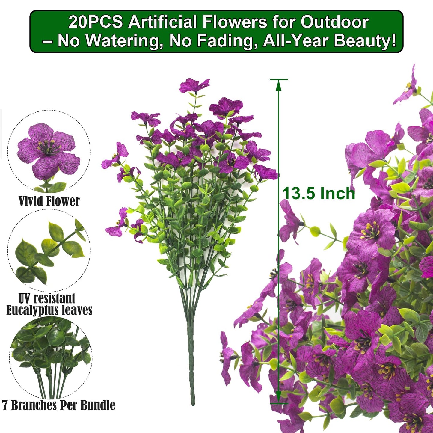 Grunyia 20 Bundles Artificial Flowers for Outdoors, UV Resistant Fake Plants Flowers Greenery Shrubs Plants for Decoration Outside Plants Hanging Planter Home Garden Decor