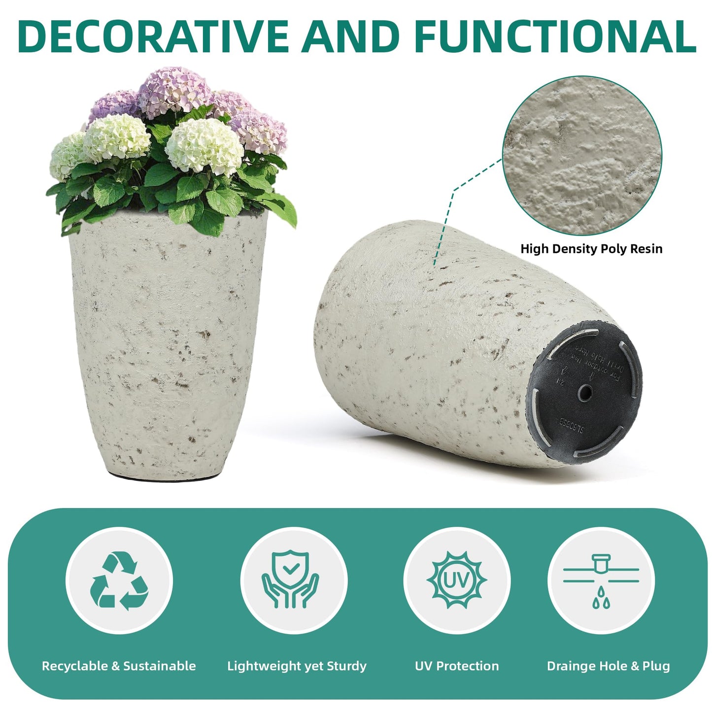 Autodaya 22" Urn Planters Outdoor Planter for Plants Set of 2 Timeless Plastic Large Flower Pot with Drainage Hole Terrazzo White Garden Pots for Porch, Patio Christmas Decor