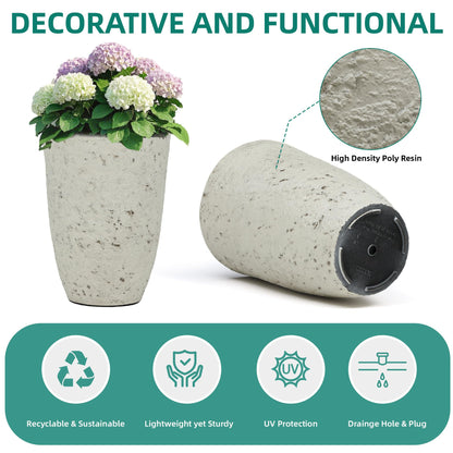 Autodaya 22" Urn Planters Outdoor Planter for Plants Set of 2 Timeless Plastic Large Flower Pot with Drainage Hole Terrazzo White Garden Pots for Porch, Patio Christmas Decor