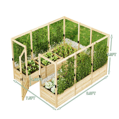 AMERLIFE Raised Garden Bed with Deer Proof Fence, 7.5Wx17Dx6H Outdoor Wooden Raised Garden Bed Planter with 19" Depth Planter Box