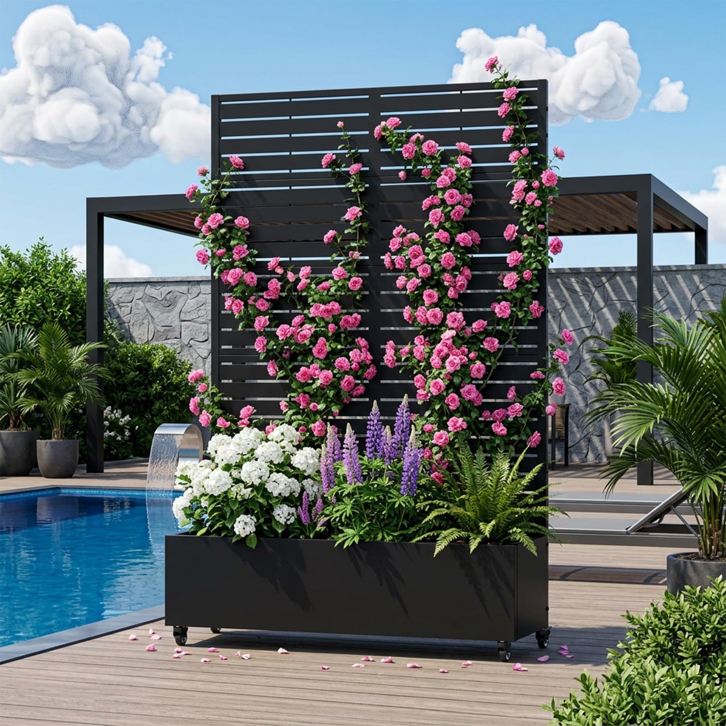 72" H Metal Raised Garden Bed with Trellis and Wheels, Privacy Screen Outdoor Planter Box with Decor Leaf Pattern, Large Mobile Vertical Planter for Patio, Balcony & Backyard