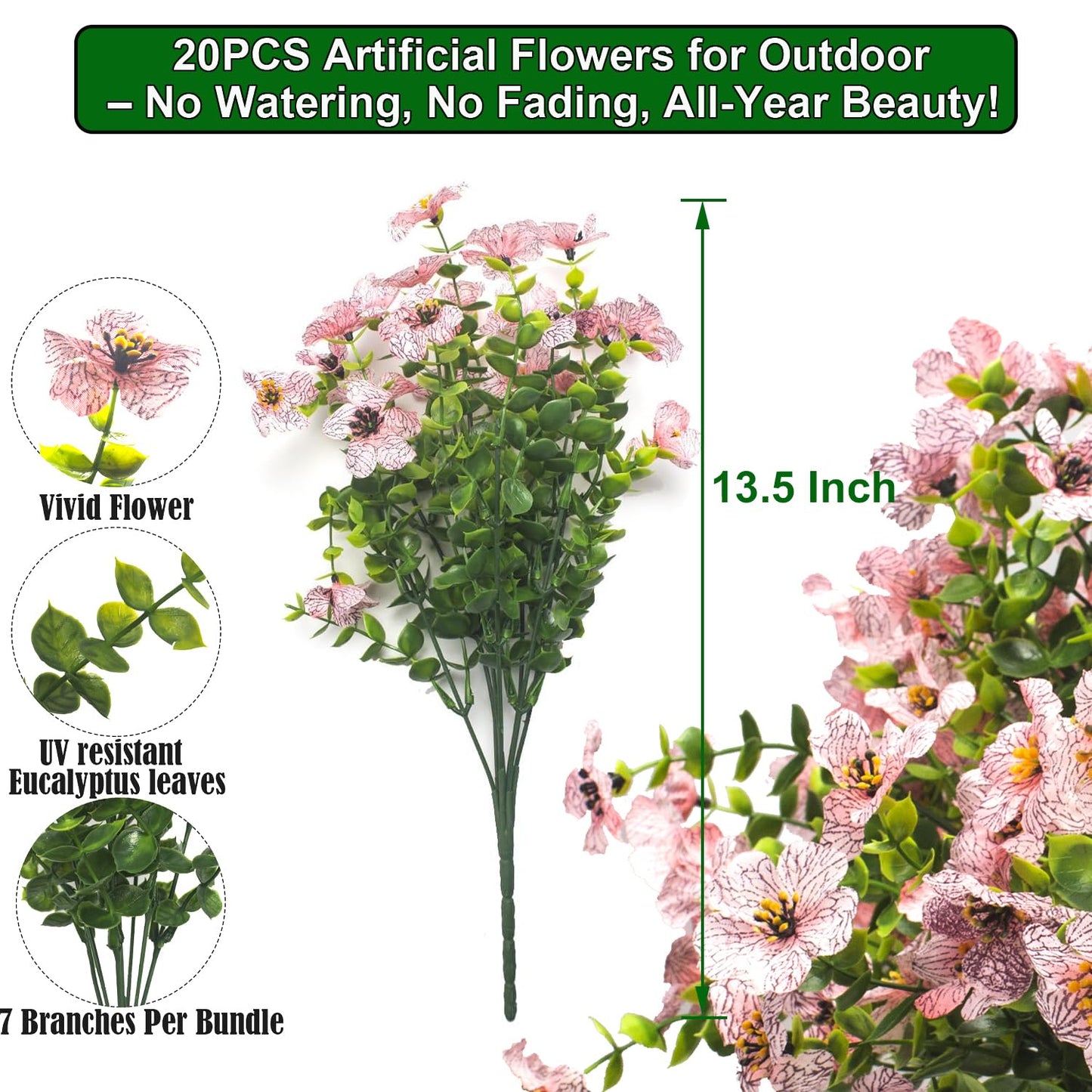 Grunyia 20 Bundles Artificial Flowers for Outdoors, UV Resistant Fake Plants Flowers Greenery Shrubs Plants for Decoration Outside Plants Hanging Planter Home Garden Decor
