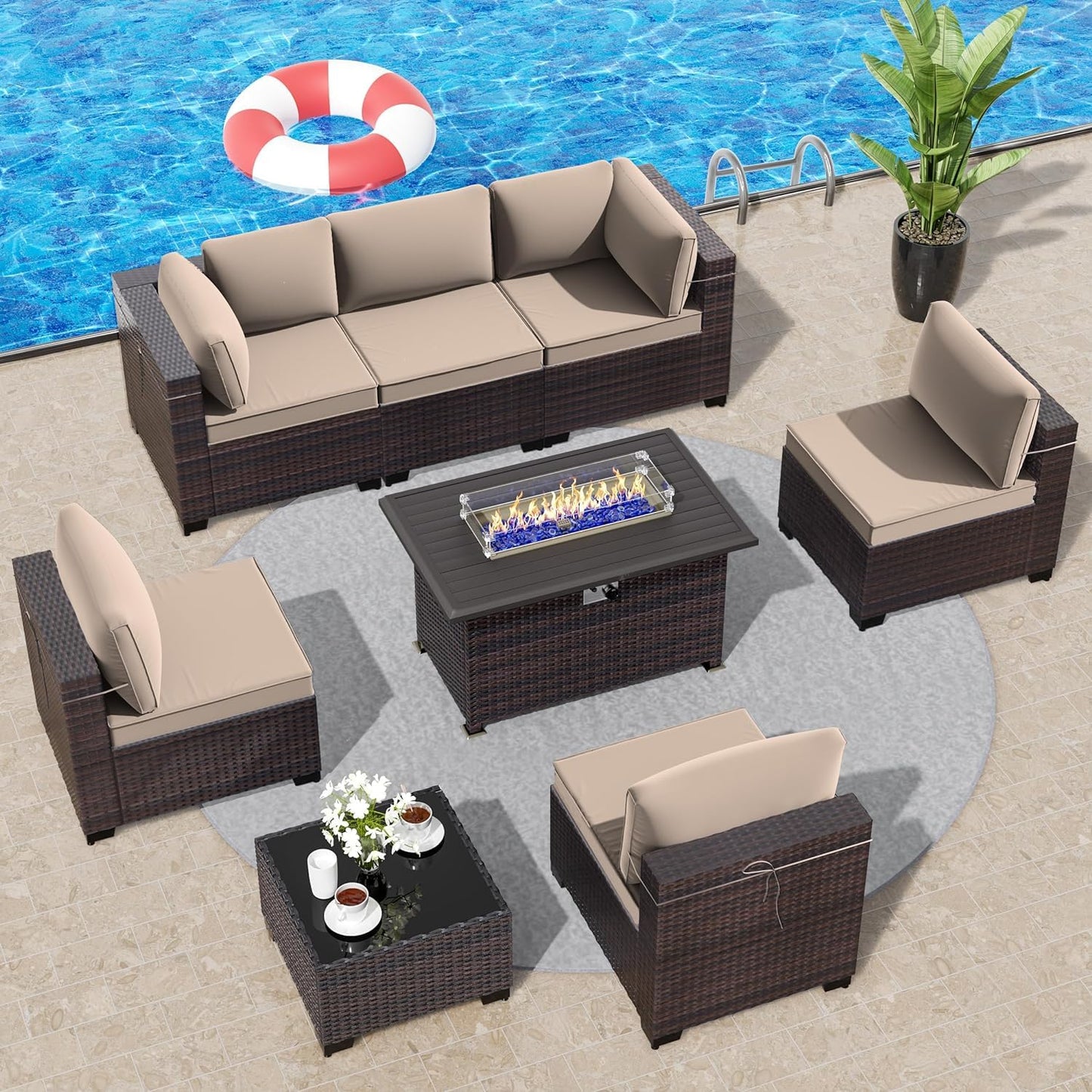 13 PCS Outdoor Patio Furniture Set,Outdoor Sectional Furniture with 43" 55000 BTU Gas Propane Fire Pit Table,All Weather PE Rattan Wicker Patio Conversation Set,Navy Blue