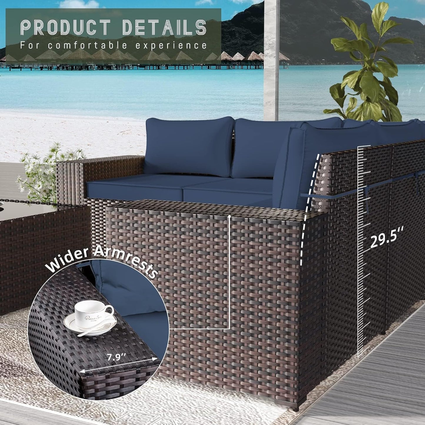 13 PCS Outdoor Patio Furniture Set,Outdoor Sectional Furniture with 43" 55000 BTU Gas Propane Fire Pit Table,All Weather PE Rattan Wicker Patio Conversation Set,Navy Blue