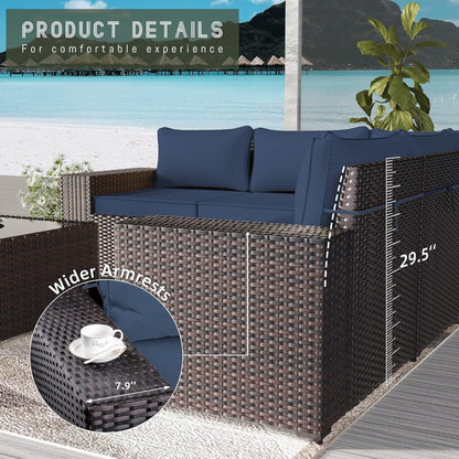 13 PCS Outdoor Patio Furniture Set,Outdoor Sectional Furniture with 43" 55000 BTU Gas Propane Fire Pit Table,All Weather PE Rattan Wicker Patio Conversation Set,Navy Blue