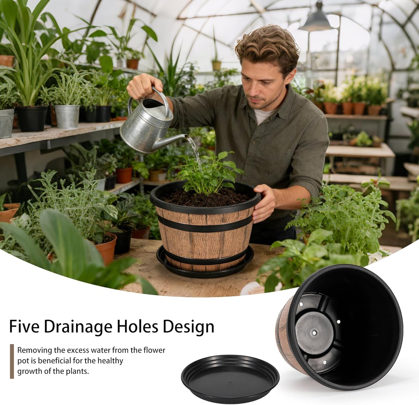 12 Inch Whiskey Barrel Planters with Drainage Holes & Saucer, 5 Pack Plastic Plant Pots with Wine Barrel Design, Flower Pots for Indoor Outdoor Balcony