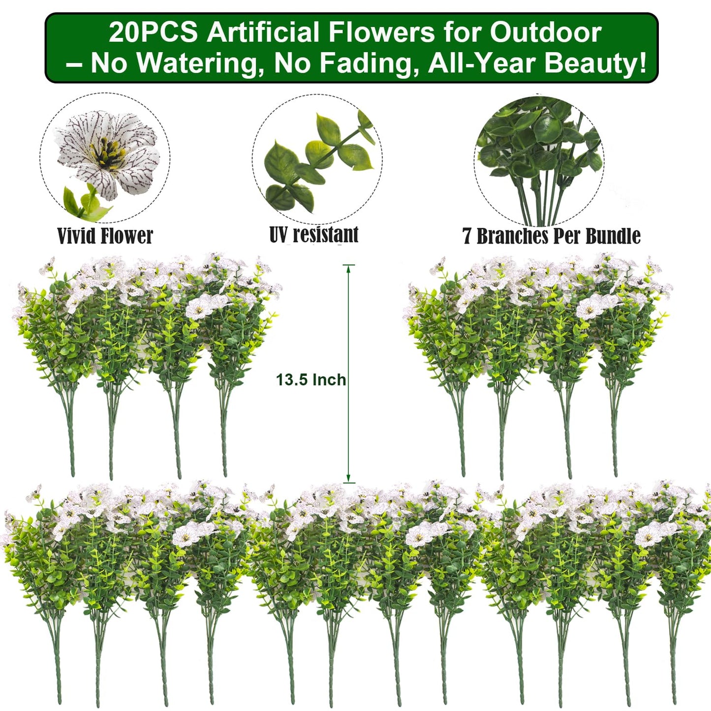 Grunyia 20 Bundles Artificial Flowers for Outdoors, UV Resistant Fake Plants Flowers Greenery Shrubs Plants for Decoration Outside Plants Hanging Planter Home Garden Decor
