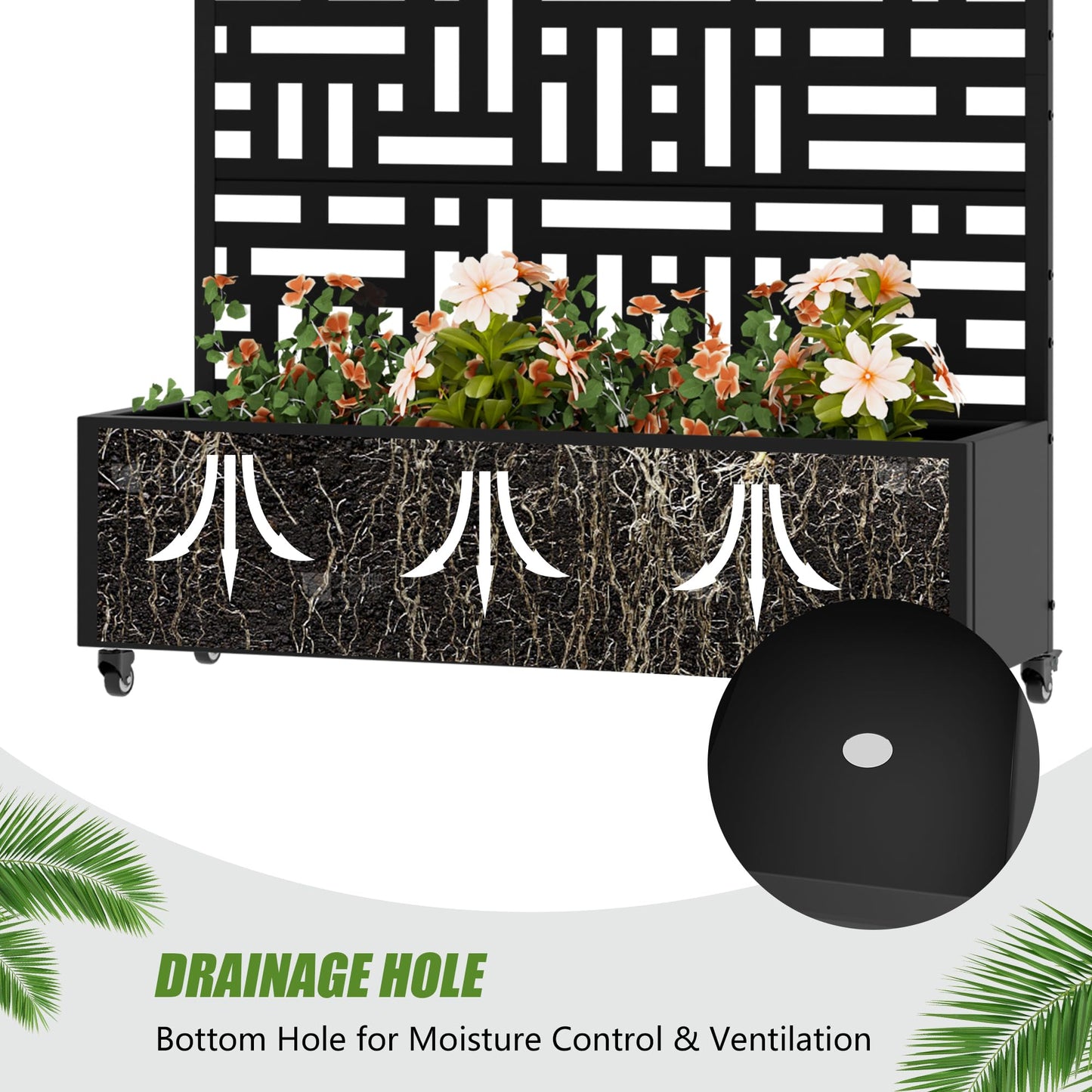 72" H Metal Raised Garden Bed with Trellis and Wheels, Privacy Screen Outdoor Planter Box with Decor Leaf Pattern, Large Mobile Vertical Planter for Patio, Balcony & Backyard
