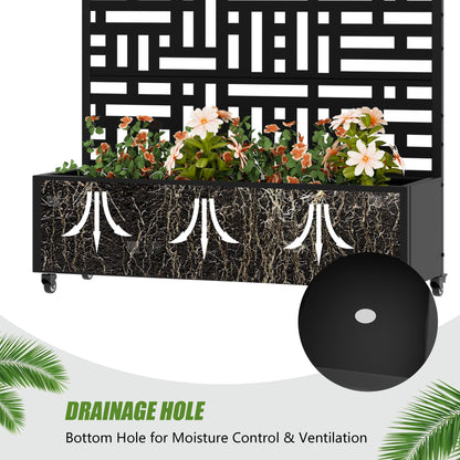 72" H Metal Raised Garden Bed with Trellis and Wheels, Privacy Screen Outdoor Planter Box with Decor Leaf Pattern, Large Mobile Vertical Planter for Patio, Balcony & Backyard