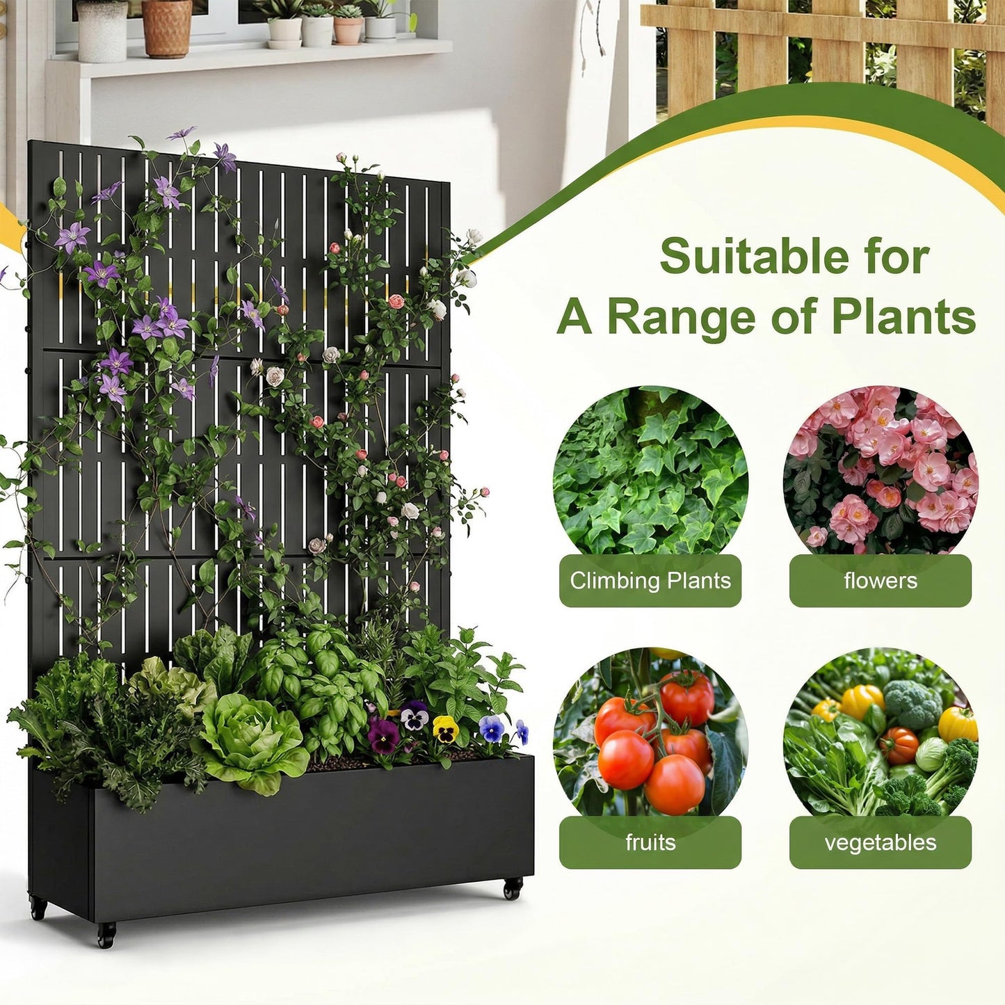 72" H Metal Raised Garden Bed with Trellis and Wheels, Privacy Screen Outdoor Planter Box with Decor Leaf Pattern, Large Mobile Vertical Planter for Patio, Balcony & Backyard