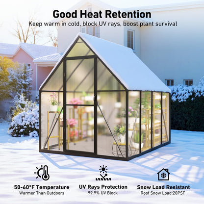 12x12 FT T-Shape Greenhouses, Polycarbonate Green House with UV Protection, Heavy Duty Greenhouse with Windproof Aluminum Frame, Roof Vent & Quick-Install Design for Backyard or Garden Use
