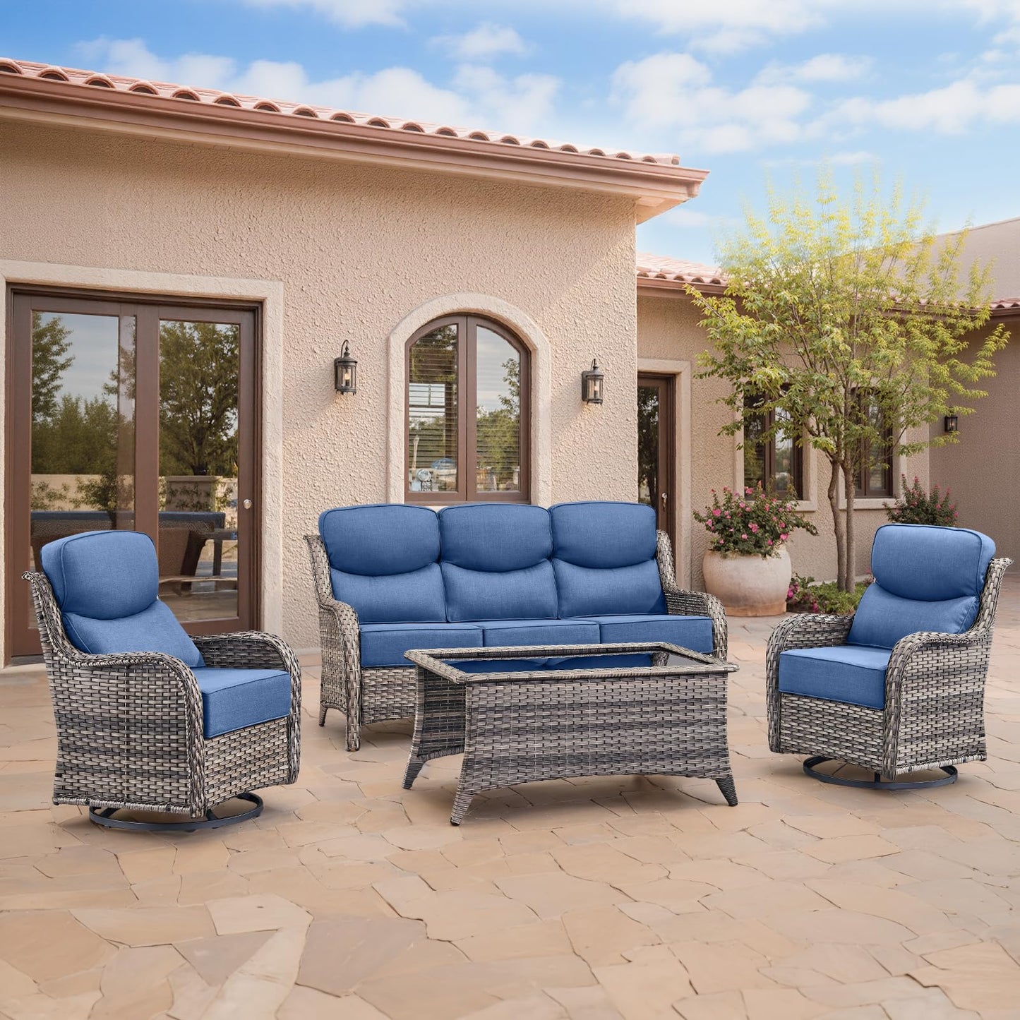 Luxury Patio Furniture Set with 6-inch Thick Cushion, Outdoor Furniture with Fire Pit Table, Swivel Chairs, Sofa, Side Table, Ottomans, 9pcs Wicker Conversation Set(Brown Wicker | Grey Cushion)