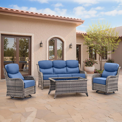Luxury Patio Furniture Set with 6-inch Thick Cushion, Outdoor Furniture with Fire Pit Table, Swivel Chairs, Sofa, Side Table, Ottomans, 9pcs Wicker Conversation Set(Brown Wicker | Grey Cushion)