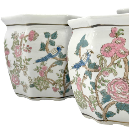 Galt International Blue & White Round Fluted Classic Floral Porcelain Ceramic Plant Flower Planter Pot Set of 3 (7.5", 10", 13") Garden Pots Chinese Asian Design