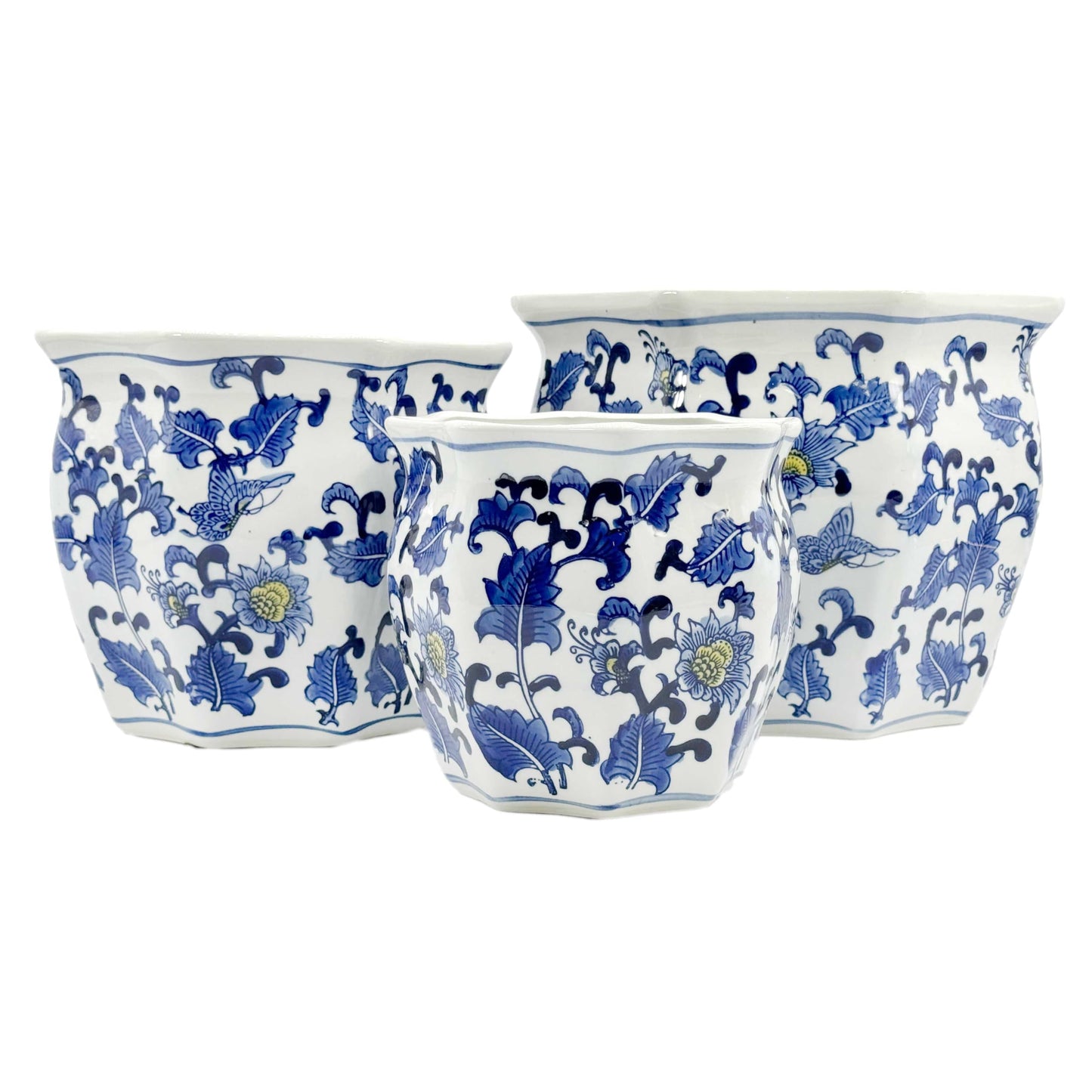 Galt International Blue & White Round Fluted Classic Floral Porcelain Ceramic Plant Flower Planter Pot Set of 3 (7.5", 10", 13") Garden Pots Chinese Asian Design