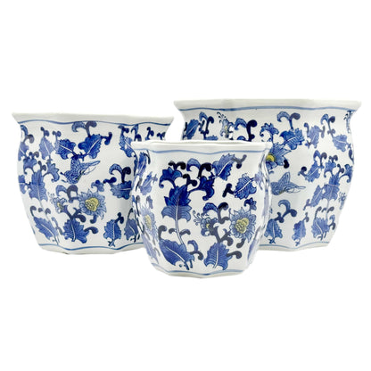 Galt International Blue & White Round Fluted Classic Floral Porcelain Ceramic Plant Flower Planter Pot Set of 3 (7.5", 10", 13") Garden Pots Chinese Asian Design