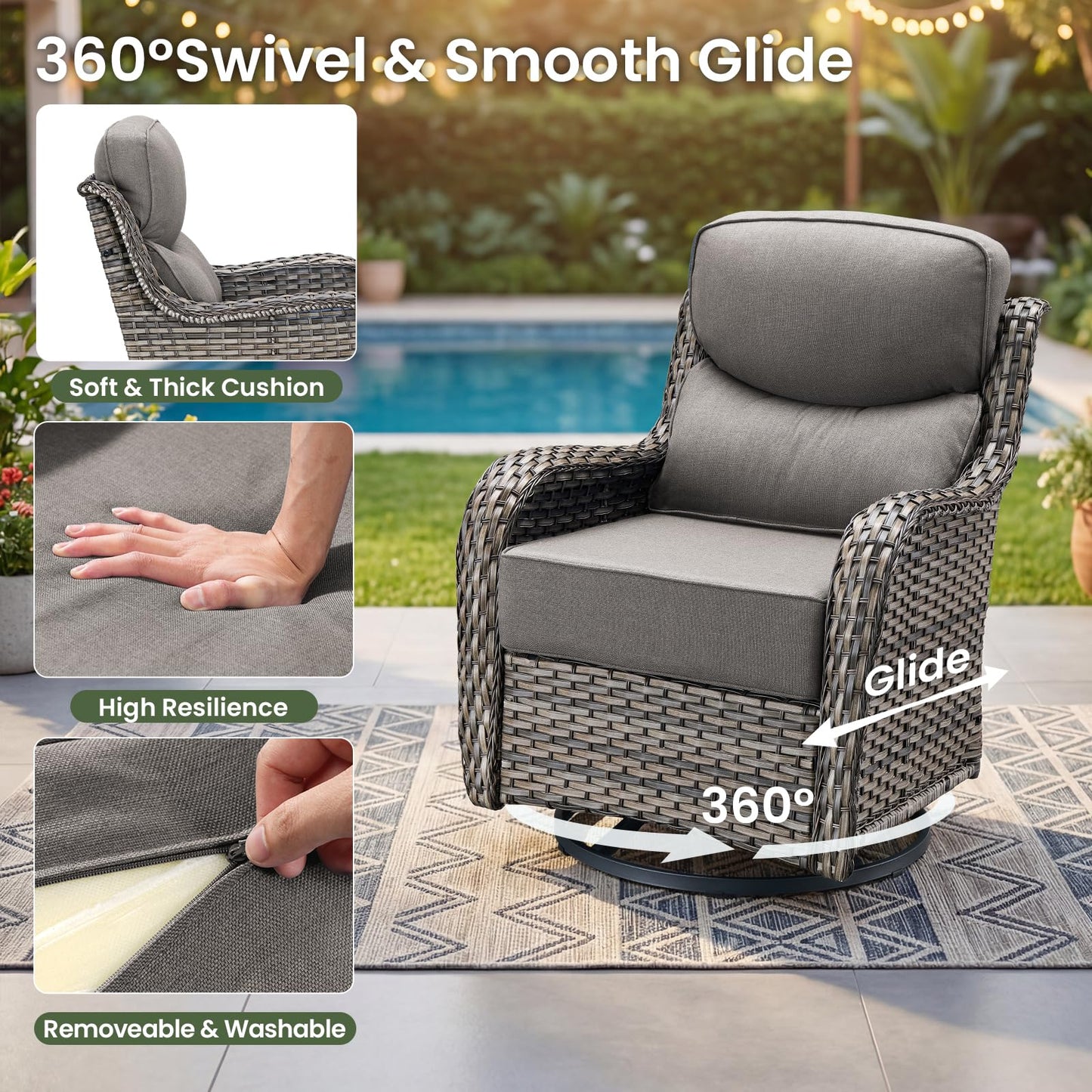 Luxury Patio Furniture Set with 6-inch Thick Cushion, Outdoor Furniture with Fire Pit Table, Swivel Chairs, Sofa, Side Table, Ottomans, 9pcs Wicker Conversation Set(Brown Wicker | Grey Cushion)
