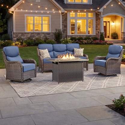 Luxury Patio Furniture Set with 6-inch Thick Cushion, Outdoor Furniture with Fire Pit Table, Swivel Chairs, Sofa, Side Table, Ottomans, 9pcs Wicker Conversation Set(Brown Wicker | Grey Cushion)