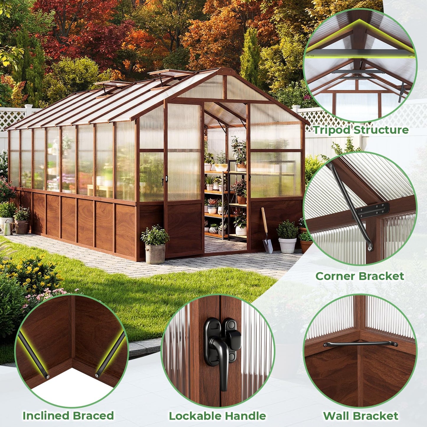 Jocoevol 6x12FT Greenhouse for Outdoors, Wooden Frame Polycarbonate Green House w/ Adjustable Roof Vent and Lockable Door Handle, Walk-in Greenhouses for Outside Garden Backyard
