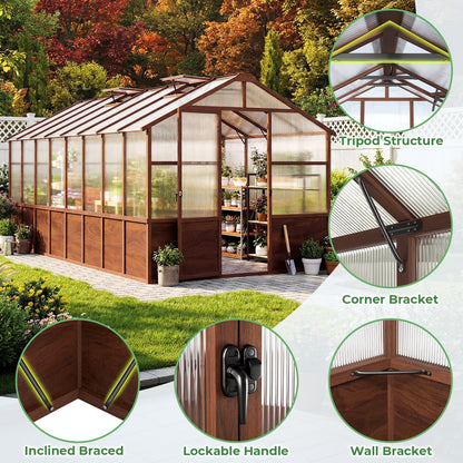 Jocoevol 6x12FT Greenhouse for Outdoors, Wooden Frame Polycarbonate Green House w/ Adjustable Roof Vent and Lockable Door Handle, Walk-in Greenhouses for Outside Garden Backyard