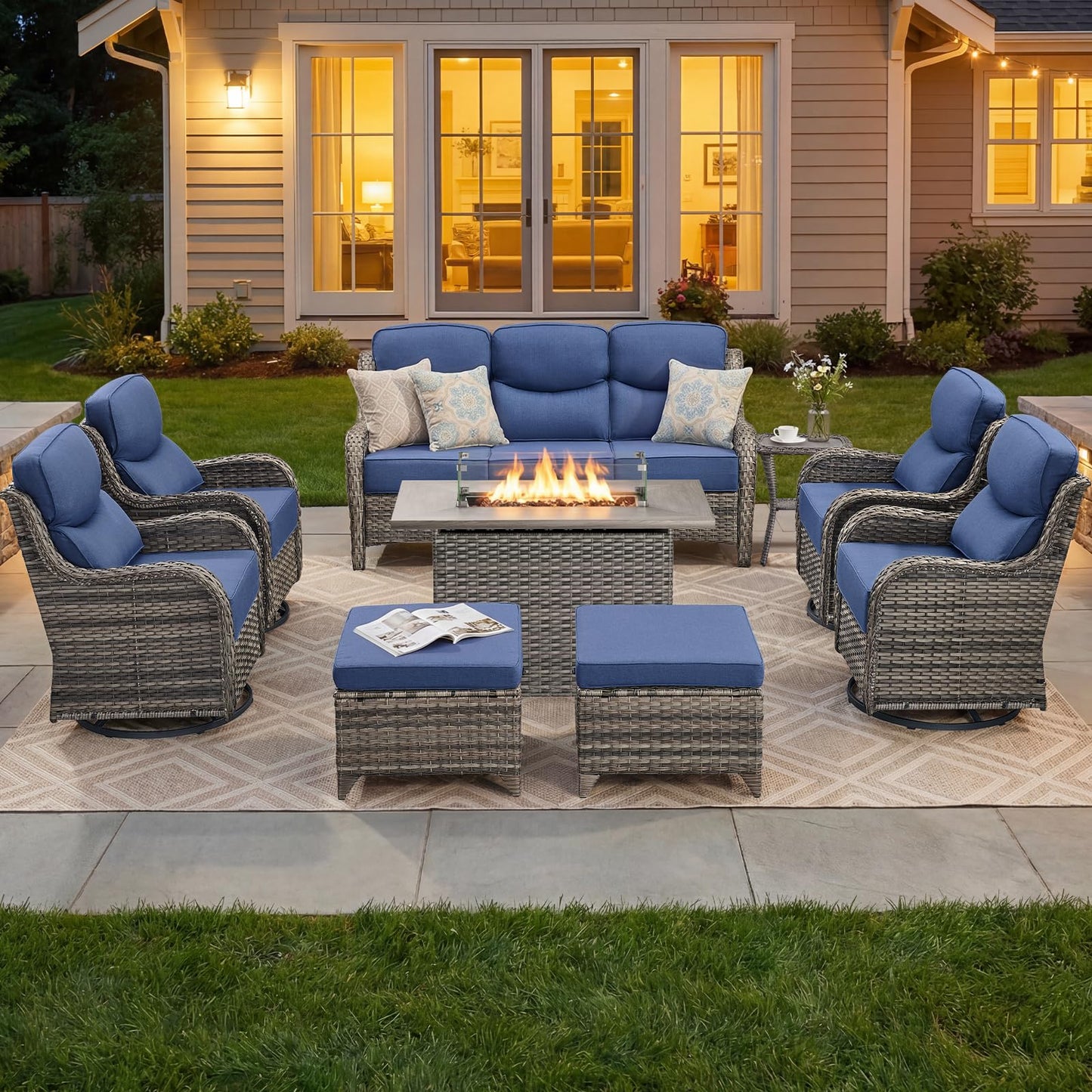 Luxury Patio Furniture Set with 6-inch Thick Cushion, Outdoor Furniture with Fire Pit Table, Swivel Chairs, Sofa, Side Table, Ottomans, 9pcs Wicker Conversation Set(Brown Wicker | Grey Cushion)