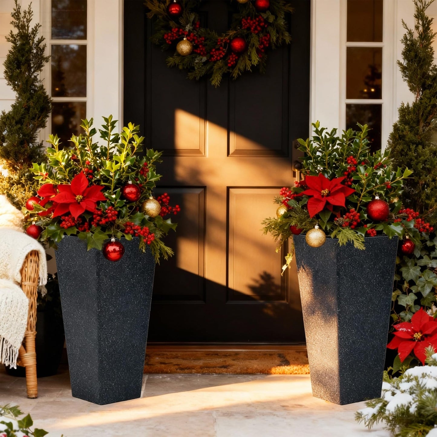Autodaya 22" Urn Planters Outdoor Planter for Plants Set of 2 Timeless Plastic Large Flower Pot with Drainage Hole Terrazzo White Garden Pots for Porch, Patio Christmas Decor