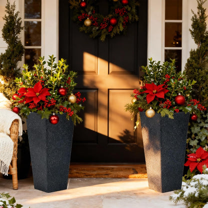 Autodaya 22" Urn Planters Outdoor Planter for Plants Set of 2 Timeless Plastic Large Flower Pot with Drainage Hole Terrazzo White Garden Pots for Porch, Patio Christmas Decor
