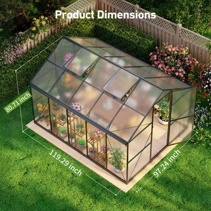 12x12 FT T-Shape Greenhouses, Polycarbonate Green House with UV Protection, Heavy Duty Greenhouse with Windproof Aluminum Frame, Roof Vent & Quick-Install Design for Backyard or Garden Use