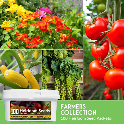 Survival Farmer Seed Vault – 100 Pack of Heirloom Vegetable Seeds for Planting – Non-GMO Vegetables, Fruits, Herbs – Sealed Kit for Long-Term Emergency Storage – Survival Garden Seeds