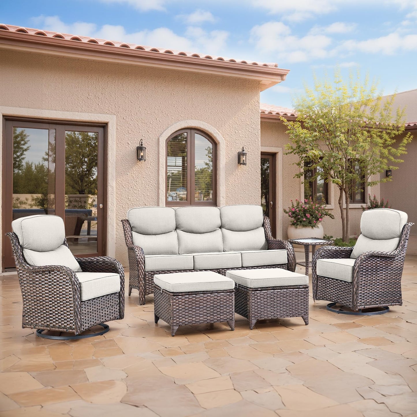 Luxury Patio Furniture Set with 6-inch Thick Cushion, Outdoor Furniture with Fire Pit Table, Swivel Chairs, Sofa, Side Table, Ottomans, 9pcs Wicker Conversation Set(Brown Wicker | Grey Cushion)