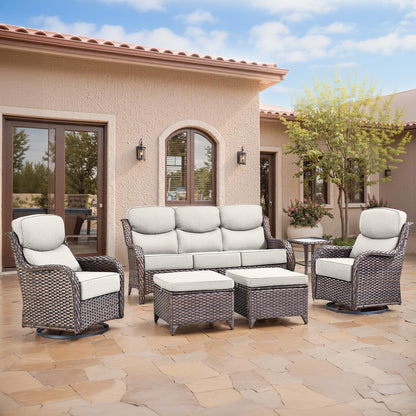 Luxury Patio Furniture Set with 6-inch Thick Cushion, Outdoor Furniture with Fire Pit Table, Swivel Chairs, Sofa, Side Table, Ottomans, 9pcs Wicker Conversation Set(Brown Wicker | Grey Cushion)