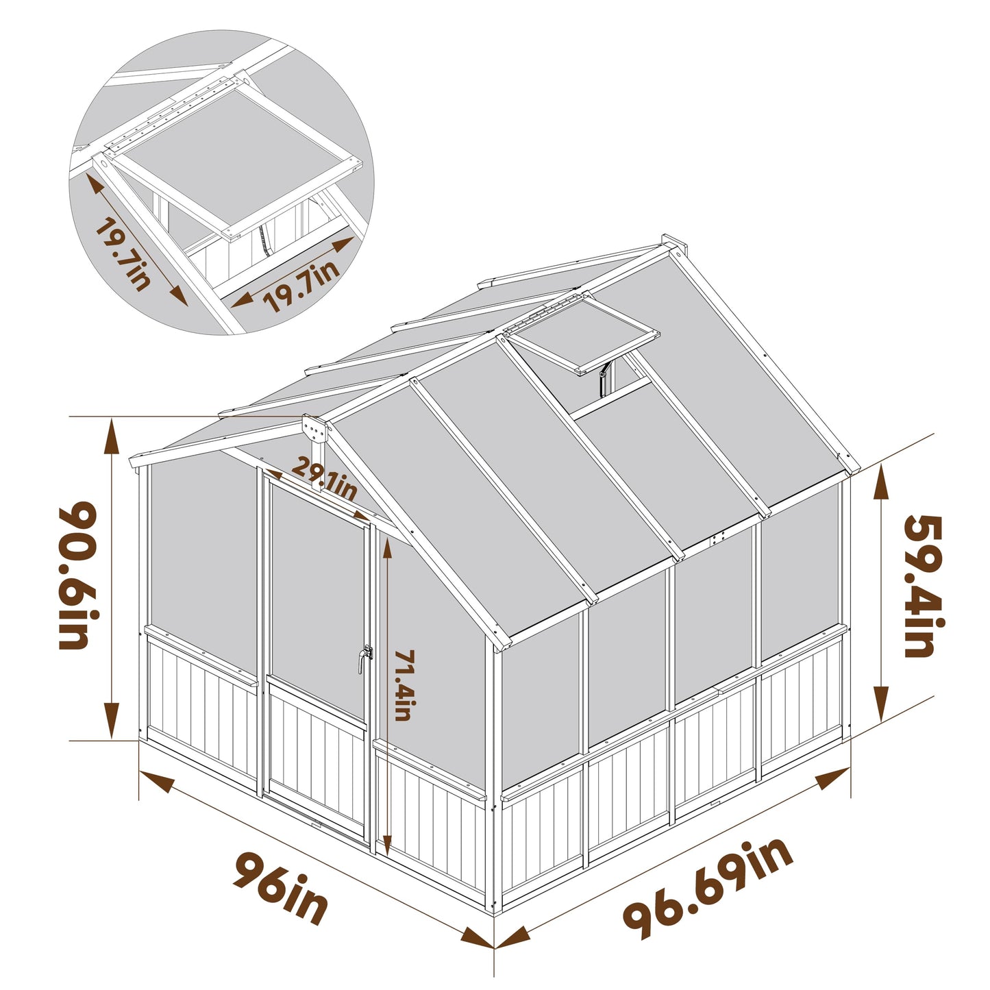 Yardenaler 8x16 FT Greenhouse for Outdoor, 6MM Thick Polycarbonate Panel Wooden Walk-in Green House with Adjustable Roof Vents and Lockable Door, Backyard Garden, Light Mocha Brown