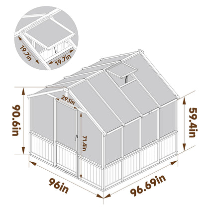 Yardenaler 8x16 FT Greenhouse for Outdoor, 6MM Thick Polycarbonate Panel Wooden Walk-in Green House with Adjustable Roof Vents and Lockable Door, Backyard Garden, Light Mocha Brown