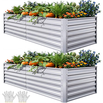 YITAHOME 8x4x1.5ft 2pcs Large Raised Garden Bed Kit, Galvanized Metal Planter Box with Gloves, Outdoor Above Ground Planters for Plants Vegetables Flowers, Silver