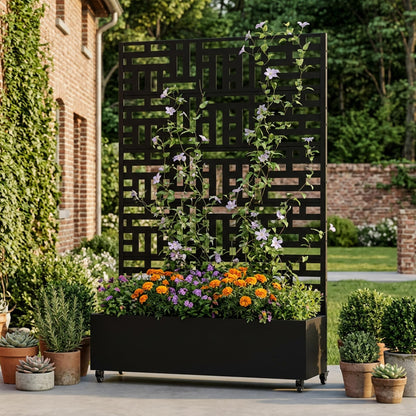 72" H Metal Raised Garden Bed with Trellis and Wheels, Privacy Screen Outdoor Planter Box with Decor Leaf Pattern, Large Mobile Vertical Planter for Patio, Balcony & Backyard