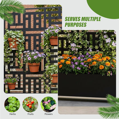 72" H Metal Raised Garden Bed with Trellis and Wheels, Privacy Screen Outdoor Planter Box with Decor Leaf Pattern, Large Mobile Vertical Planter for Patio, Balcony & Backyard