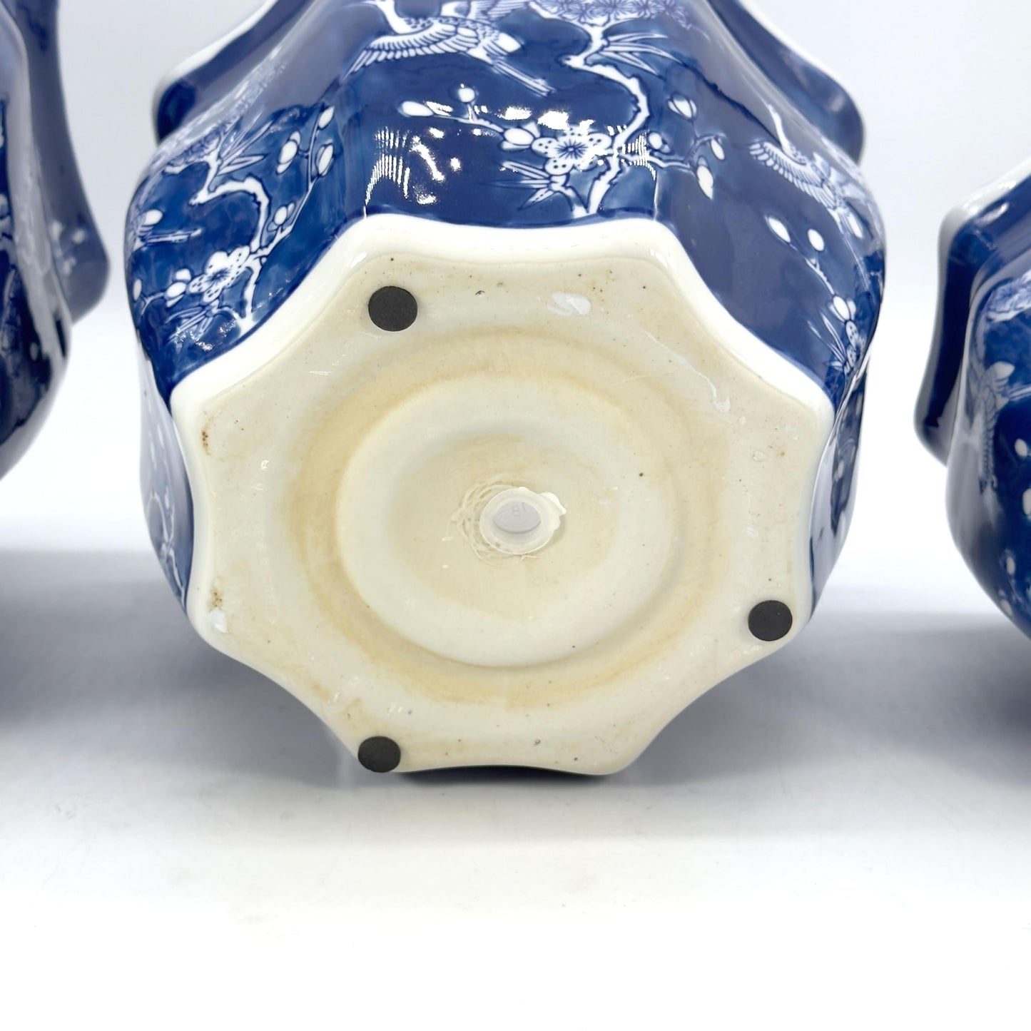 Galt International Blue & White Round Fluted Classic Floral Porcelain Ceramic Plant Flower Planter Pot Set of 3 (7.5", 10", 13") Garden Pots Chinese Asian Design