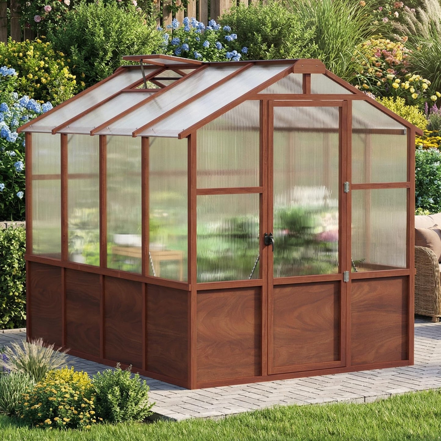 Jocoevol 6x12FT Greenhouse for Outdoors, Wooden Frame Polycarbonate Green House w/ Adjustable Roof Vent and Lockable Door Handle, Walk-in Greenhouses for Outside Garden Backyard