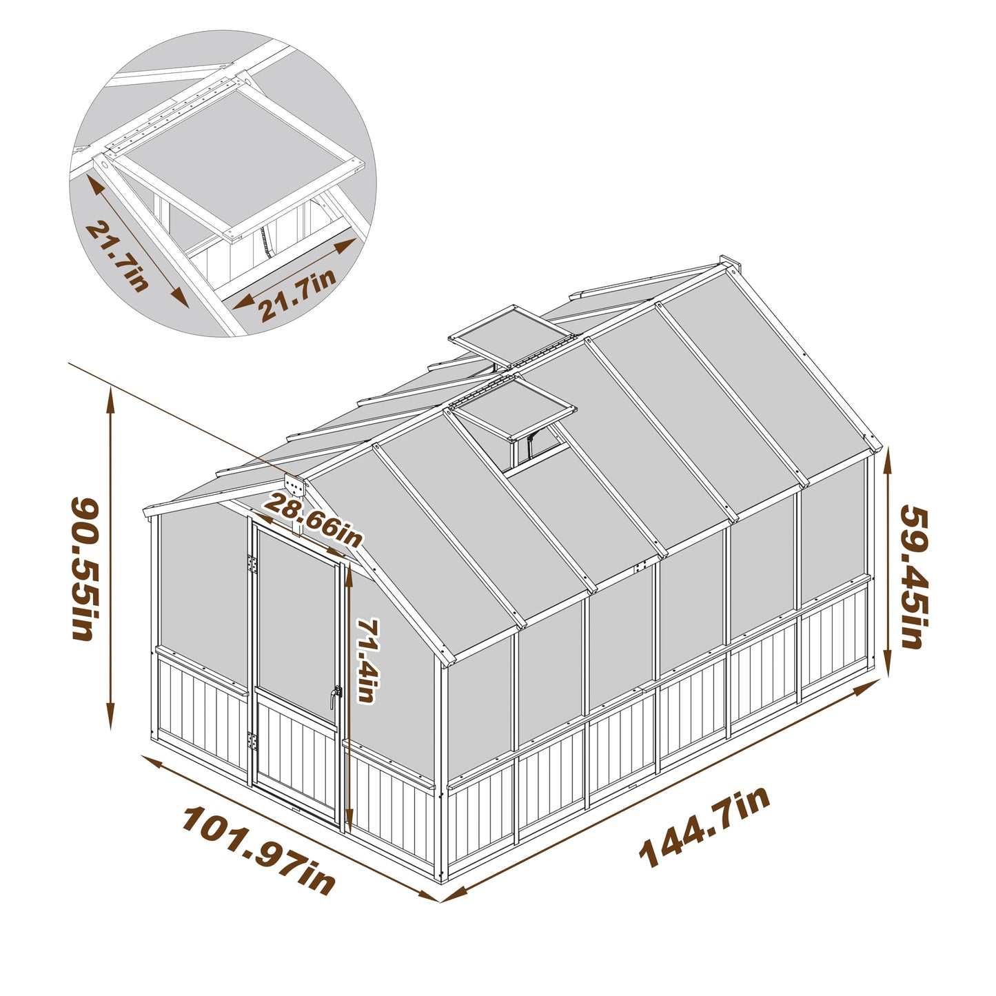 Yardenaler 8x16 FT Greenhouse for Outdoor, 6MM Thick Polycarbonate Panel Wooden Walk-in Green House with Adjustable Roof Vents and Lockable Door, Backyard Garden, Light Mocha Brown