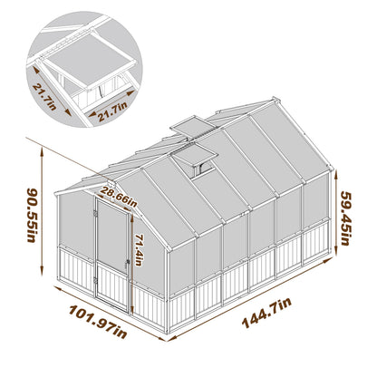 Yardenaler 8x16 FT Greenhouse for Outdoor, 6MM Thick Polycarbonate Panel Wooden Walk-in Green House with Adjustable Roof Vents and Lockable Door, Backyard Garden, Light Mocha Brown