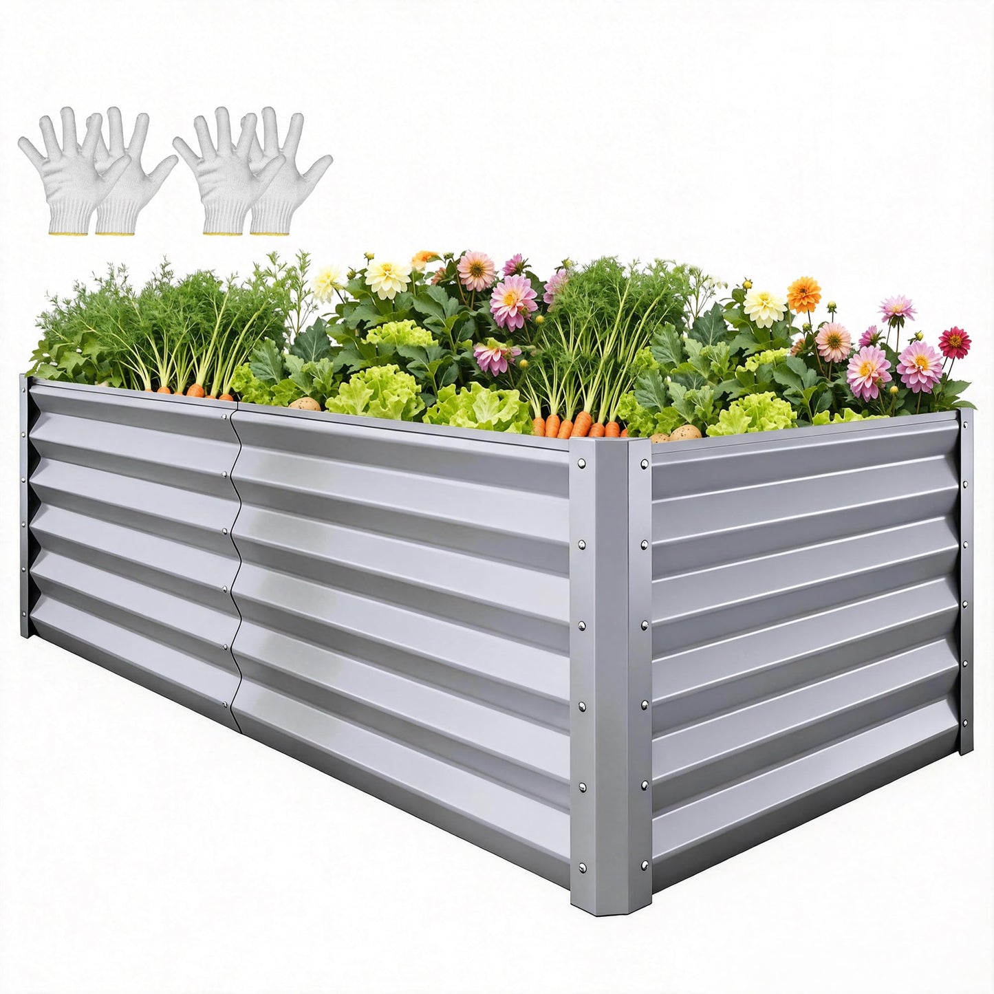 YITAHOME 8x4x1.5ft 2pcs Large Raised Garden Bed Kit, Galvanized Metal Planter Box with Gloves, Outdoor Above Ground Planters for Plants Vegetables Flowers, Silver