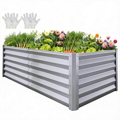 YITAHOME 8x4x1.5ft 2pcs Large Raised Garden Bed Kit, Galvanized Metal Planter Box with Gloves, Outdoor Above Ground Planters for Plants Vegetables Flowers, Silver