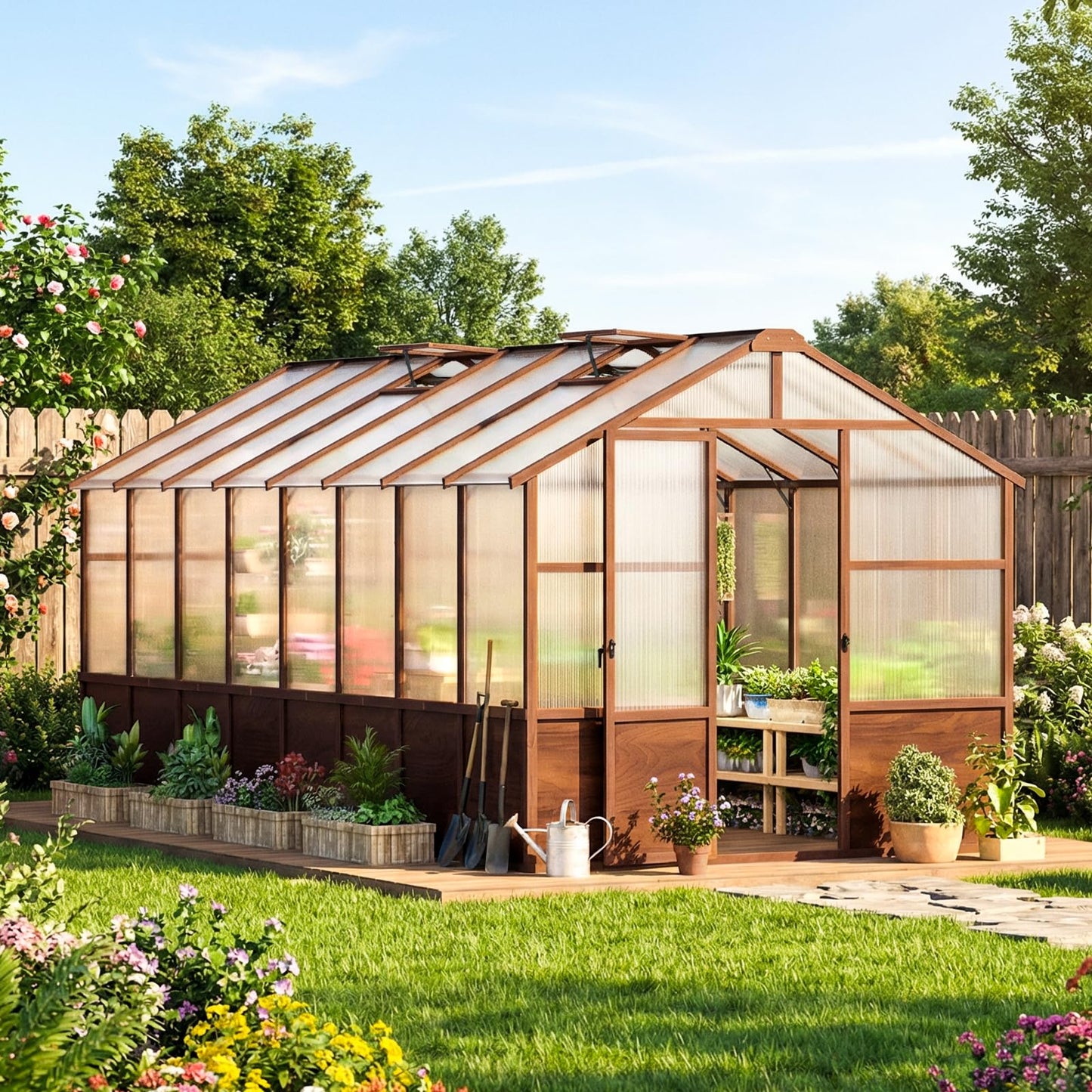 Jocoevol 6x12FT Greenhouse for Outdoors, Wooden Frame Polycarbonate Green House w/ Adjustable Roof Vent and Lockable Door Handle, Walk-in Greenhouses for Outside Garden Backyard