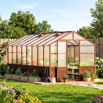 Jocoevol 6x12FT Greenhouse for Outdoors, Wooden Frame Polycarbonate Green House w/ Adjustable Roof Vent and Lockable Door Handle, Walk-in Greenhouses for Outside Garden Backyard